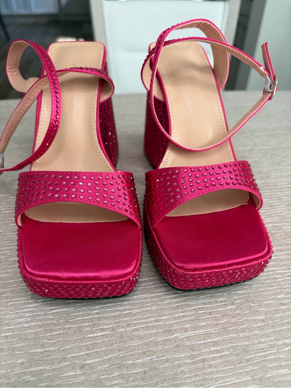 Rhinestone Satin Platform Sandals in Fuchsia Pink